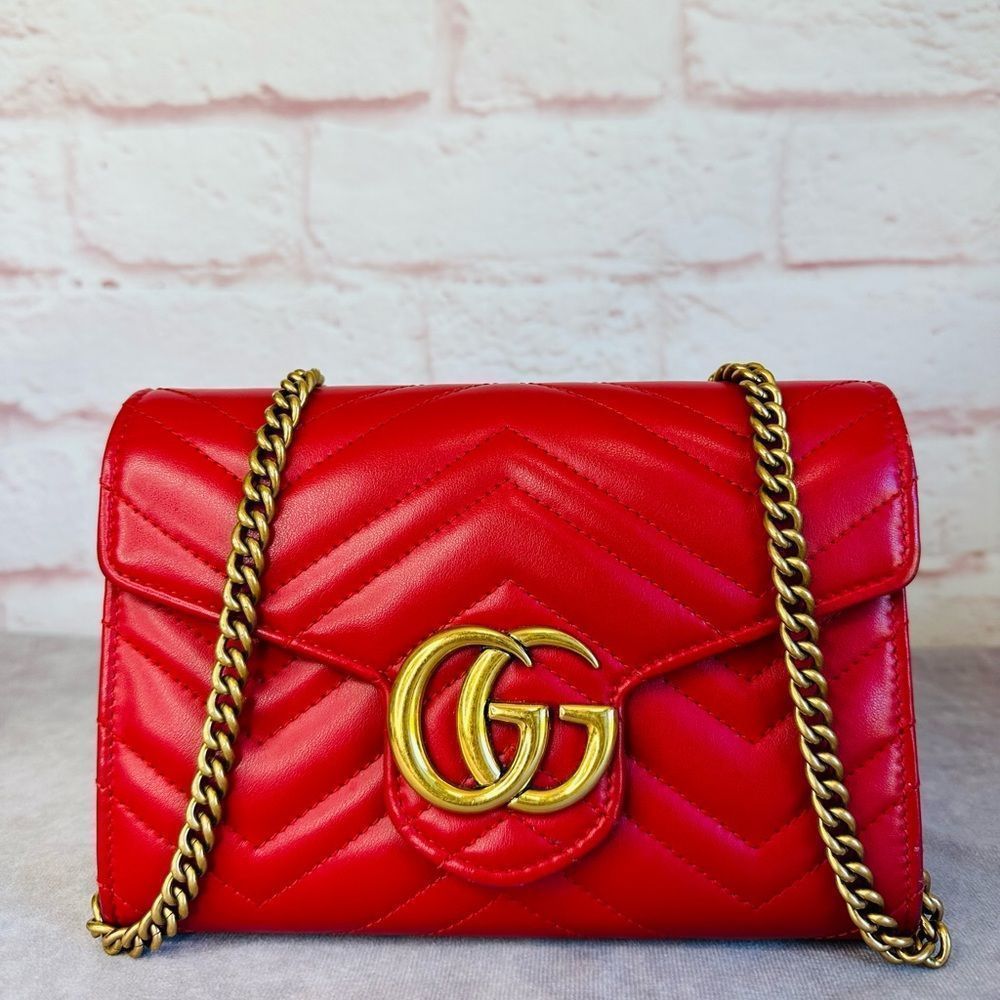 Gucci Red Quilted GG Marmont Shoulder Bag with Gold Hardware